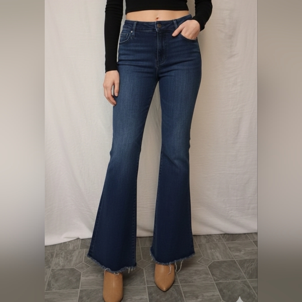 Express Dark Blue Flare Jeans  Size L Flare Mio Rise Ultra Hyper Stretch